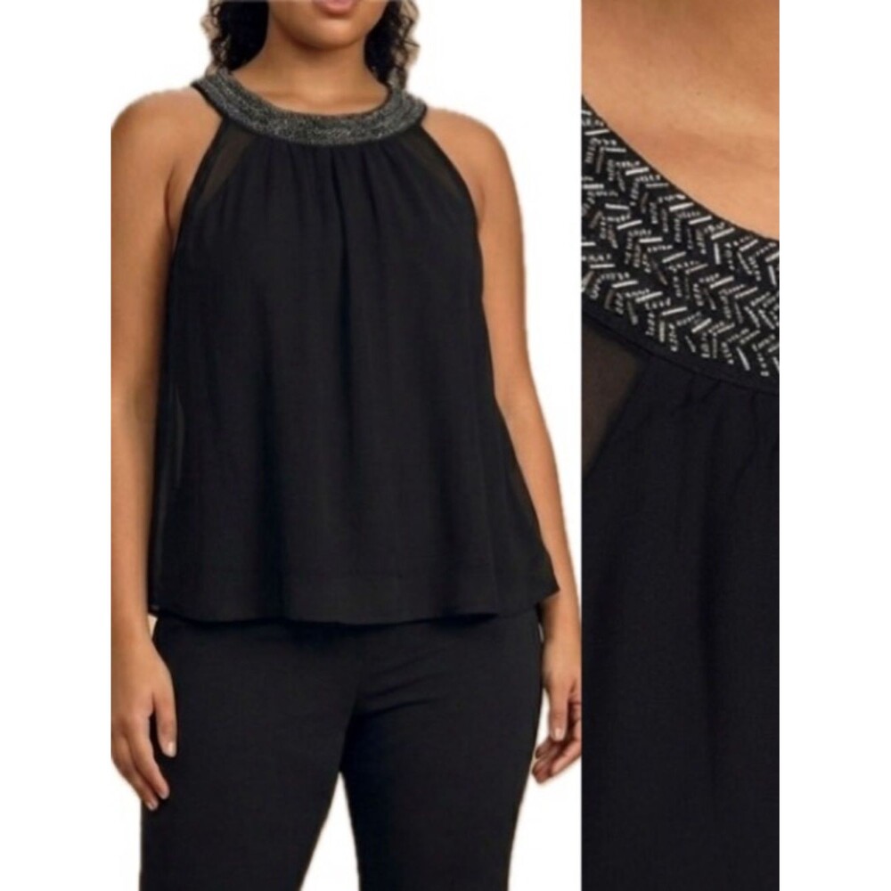 SOCIALITE Beaded Halter Top Size Large Black Sheer Chiffon Sleeveless Fairy Goth